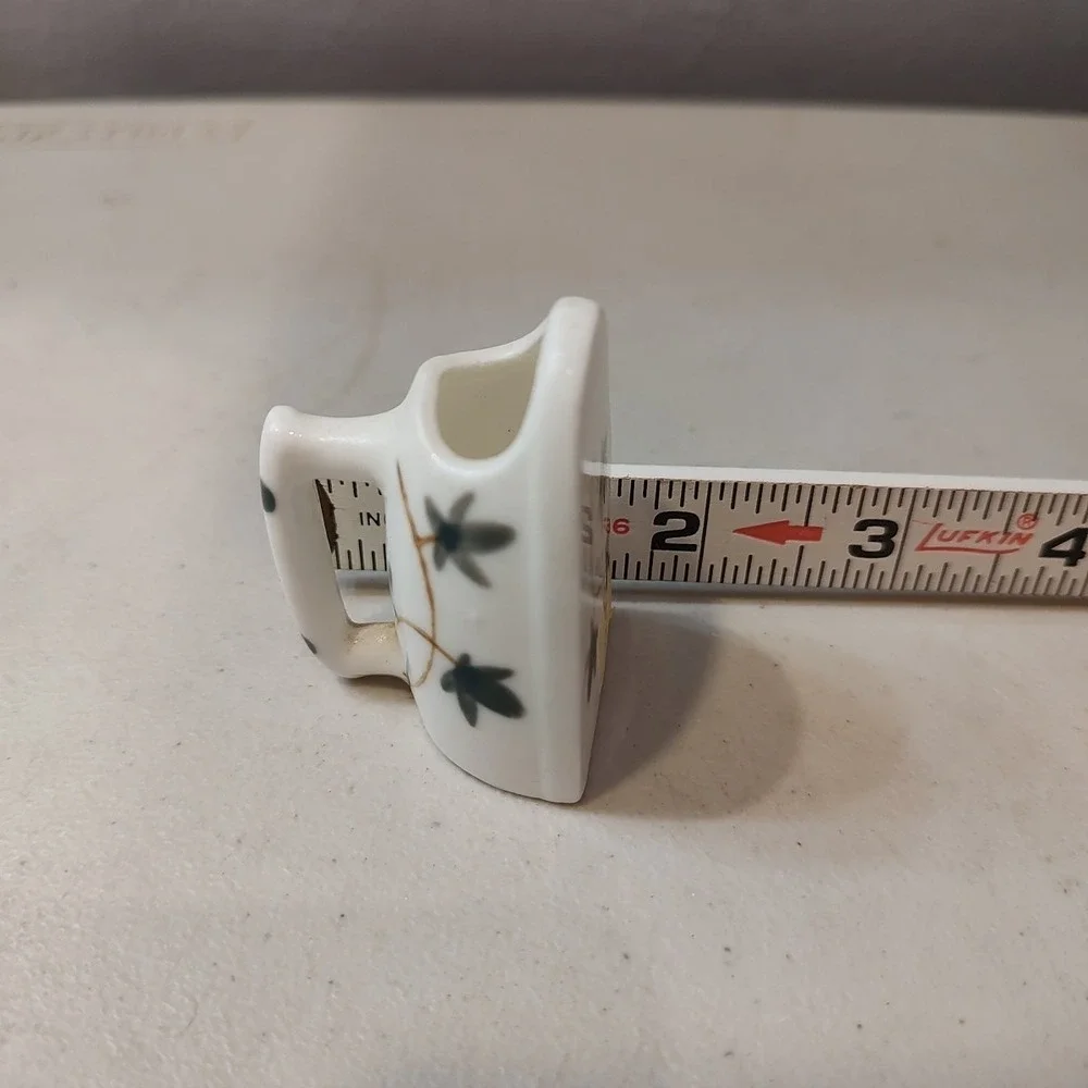 Vtg Miniature Iron Bone China Toothpick  Holder‎ Green Floral  2